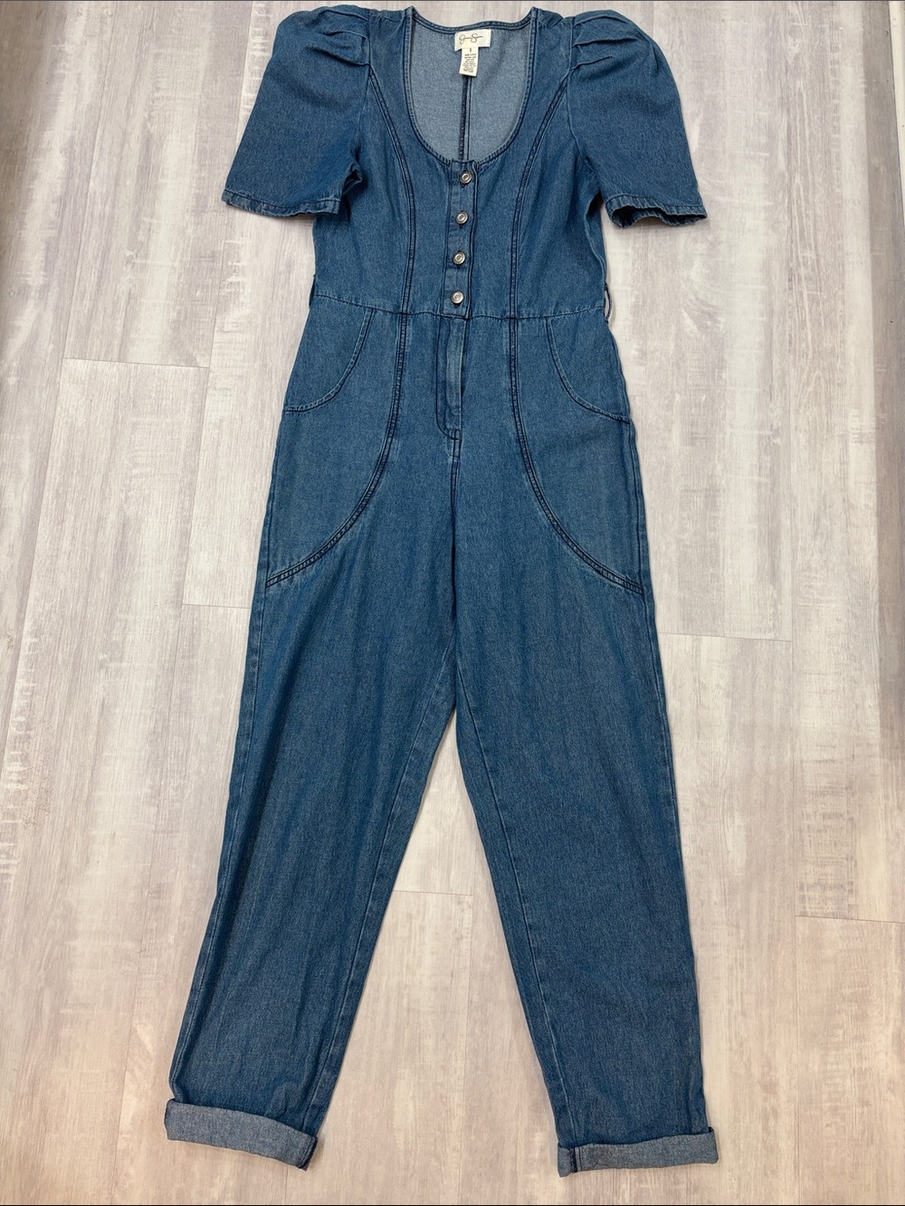Jessica Simpson Dark Blue Denim Puff-Sleeve Jumpsuit Small